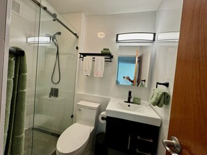 Ein modernes Badezimmer mit Duschkabine aus Glas, Toilette, Waschbecken und Spiegel.