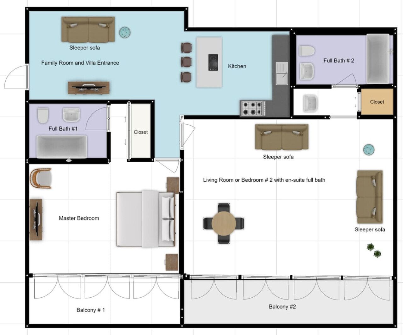 A floor plan of a villa with a master bedroom, two full baths, a kitchen, a living room, two balconies, and a family room with a sleeper sofa.