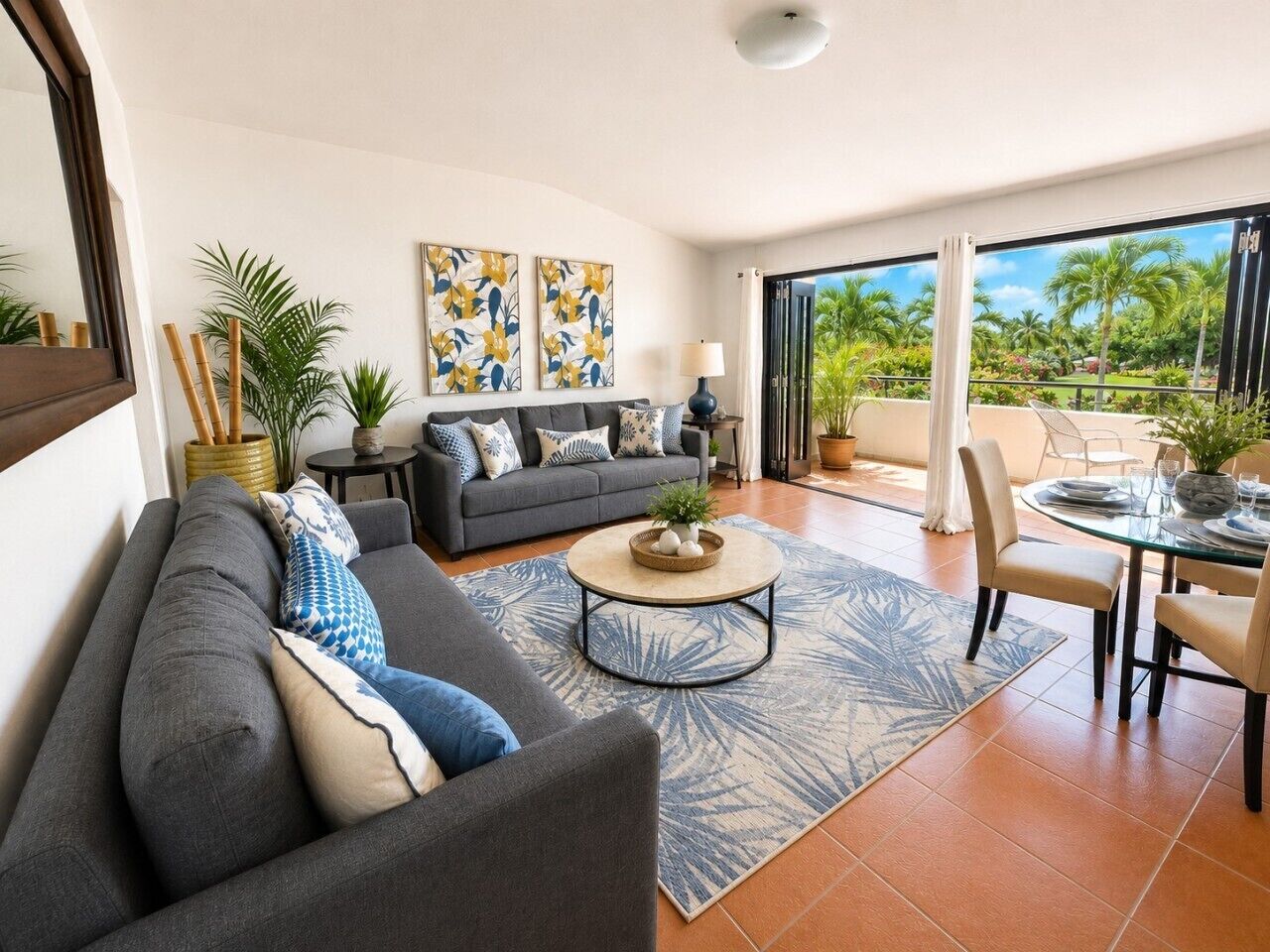A modern living room with a sofa, coffee table, and dining area.