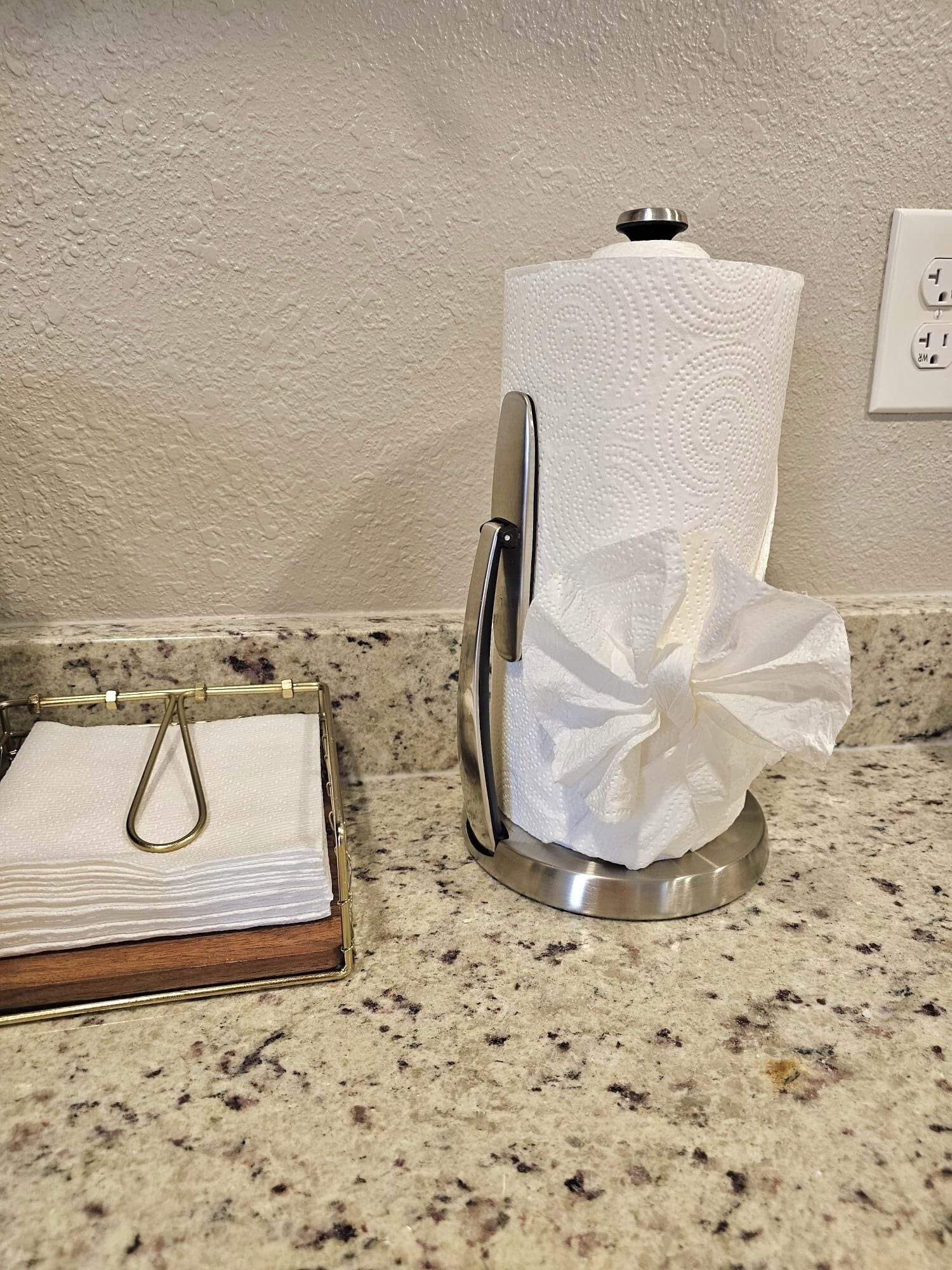 Dispensador de toallas de papel con un rollo y un sujetabolsas para pañuelos sobre una encimera con motas.