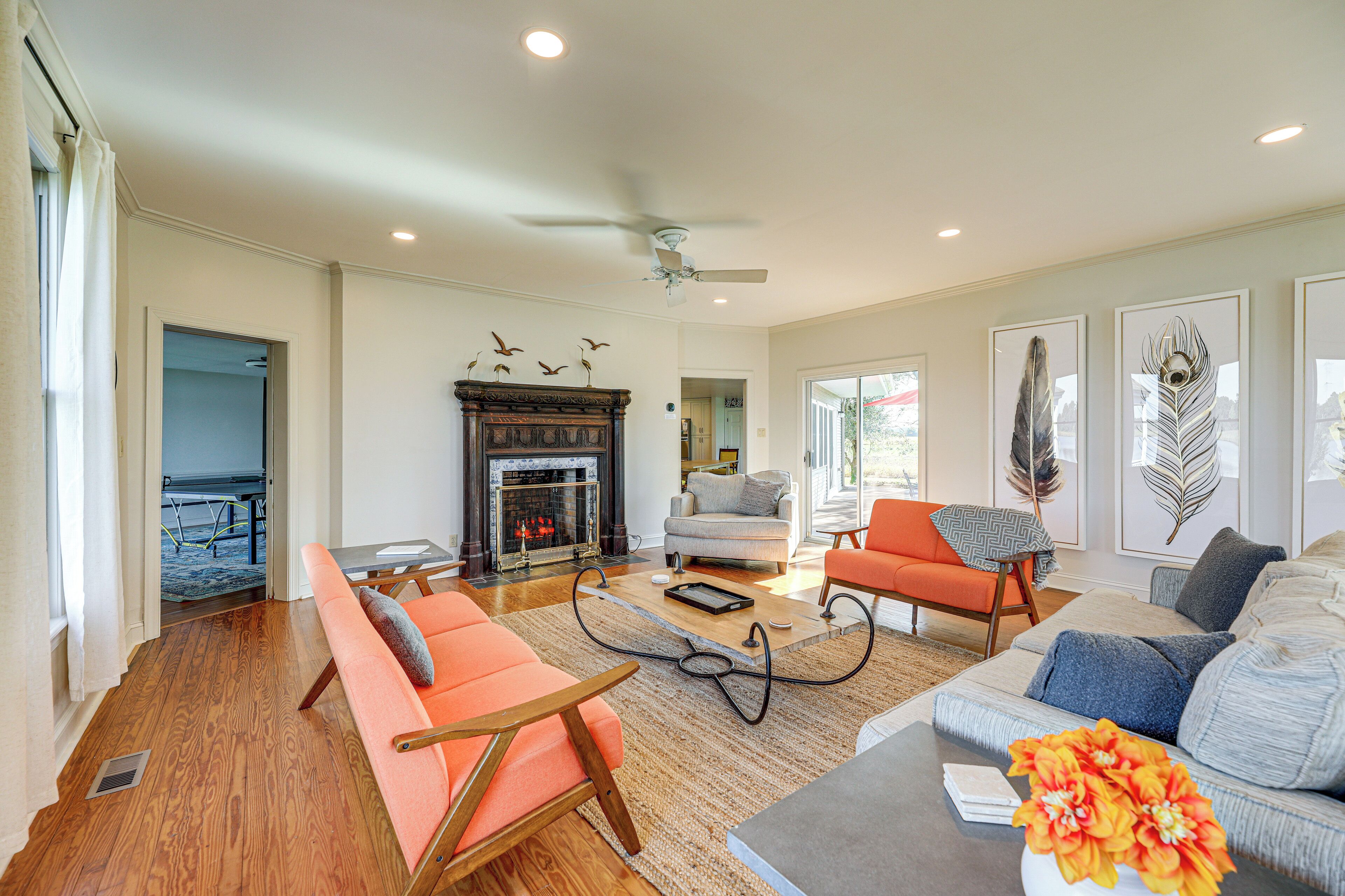 Televisión, chimenea, mesa de ping pong, libros