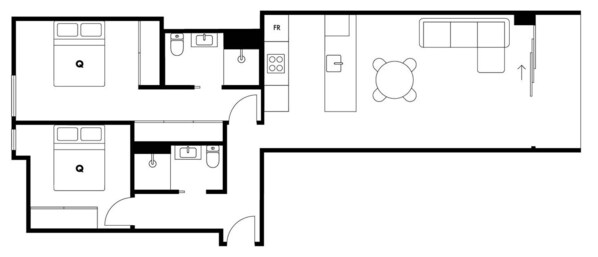 A floor plan with two bedrooms, a bathroom, a kitchen, and a dining area. - Soleil by Follo - holiday apartment opposite Newcastle Beach (Newcastle)