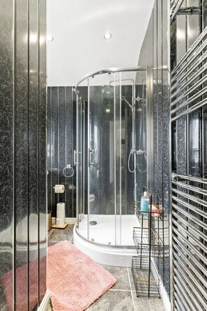 Hair dryer, towels, soap, toilet paper