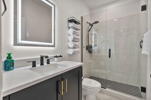 Regadera, amenidades de baño ecológicas, secadora de cabello, toallas
