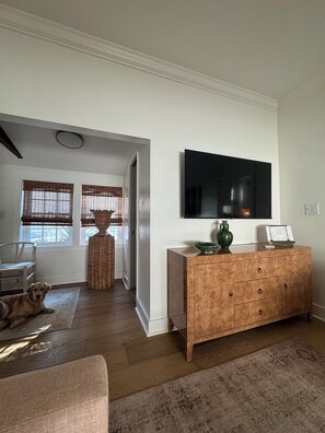 A living room with a wooden floor, a sofa, a TV mounted on the wall, and a dog lying on the floor.