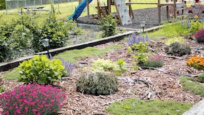 En legeplads med rutchebane og klatrestrukturer, omgivet af en have med forskellige planter og blomster.