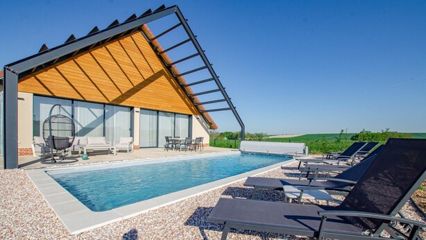 A modern building with a sloped roof and large glass windows, adjacent to a swimming pool with lounge chairs and a hanging chair.