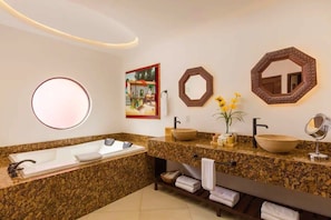 Jetted bath, hair dryer, towels, soap
