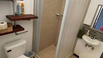 Shower, towels, soap, toilet paper