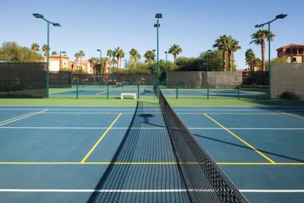 Una cancha de tenis al aire libre con red, rodeada de palmeras y farolas.