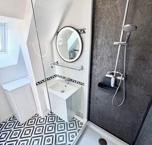 Douche, séchoir à cheveux, papier de toilette