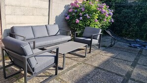 Een terras met een bank en twee stoelen, een bijzettafeltje en een bloempot met paarse bloemen.