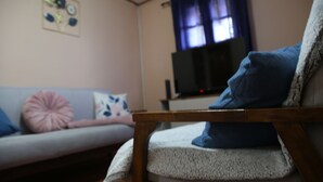 Een woonkamer met een bank, een stoel, een televisie en een raam met gordijnen.