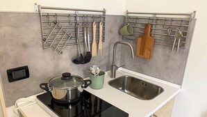 A compact kitchen with a built-in stove, a sink, and utensil racks on the wall. - Torino Santa Rita (Turin)