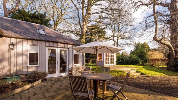 A patio with a table and chairs, a small shed, and a garden area with trees and a fence.