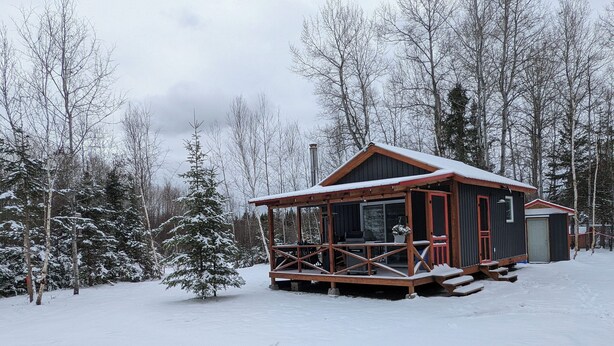 Una cabaña de madera con un porche, rodeada de árboles cubiertos de nieve.