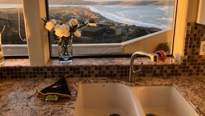 A kitchen with a large window overlooking a coastal view, a vase with flowers, and a sink.