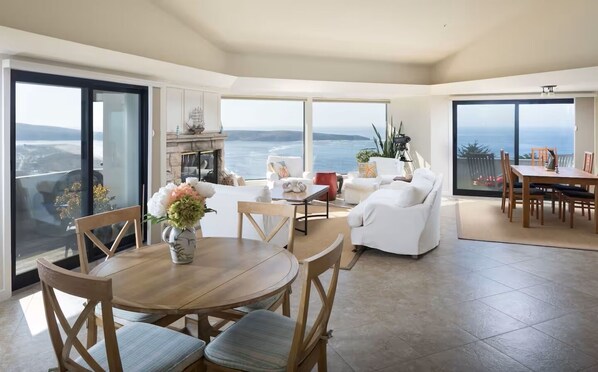 TV, fireplace, books