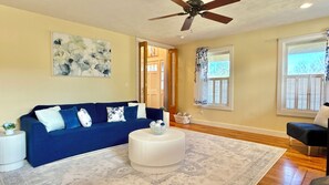 Smart TV, fireplace, books