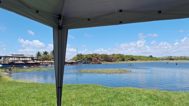 A riverside view with a grassy area, a covered pavilion, and a distant building with a dock.