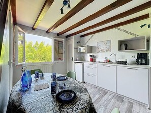 Fridge, coffee/tea maker, toaster, cookware/dishes/utensils