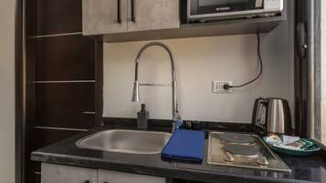 Microwave, stovetop, cookware/dishes/utensils