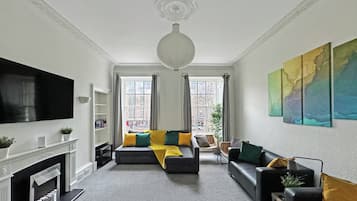 Smart TV, fireplace, books