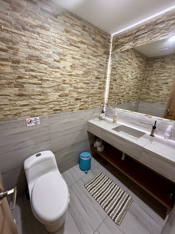 Baño con pared de piedra, inodoro blanco, lavamanos con espejo y un cubo de basura azul.