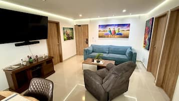 Smart TV, music library, stereo