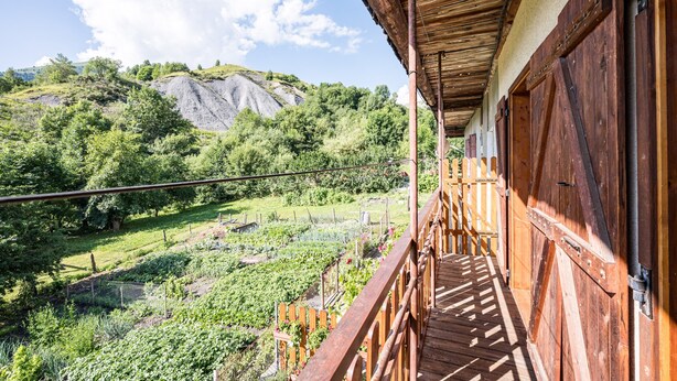 A wooden balcony with a view of a lush garden and a mountain.