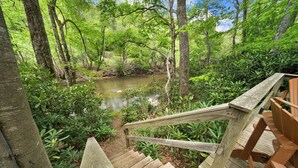 A wooden staircase leading to a forested area with a river.