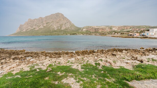 A coastal landscape with rocky terrain, a mountain, and a small settlement with buildings.