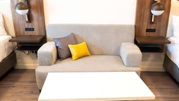 Desk, laptop workspace, blackout curtains, free WiFi