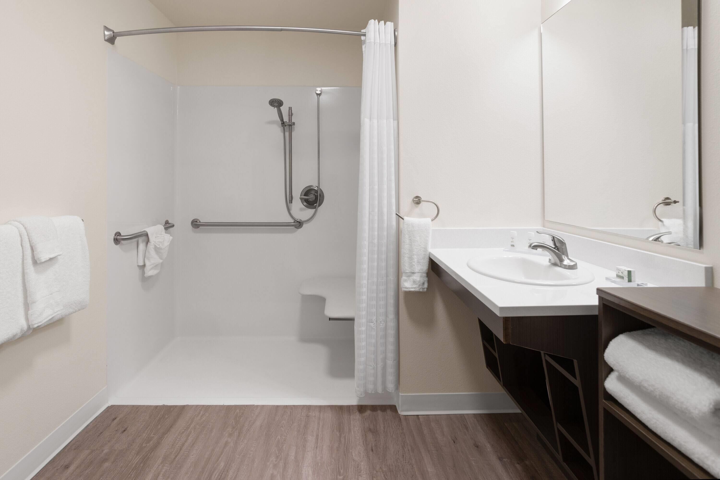 A modern bathroom with a shower, a sink, and a mirror.
