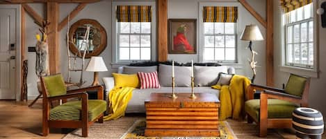 Smart TV, chimenea, libros y estéreo