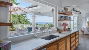 Una cucina moderna con una grande finestra che si affaccia su un giardino tropicale e sul mare.