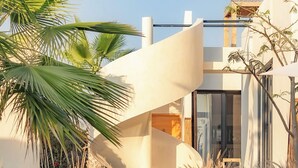 A modern building with a curved facade, surrounded by desert plants and a palm tree.