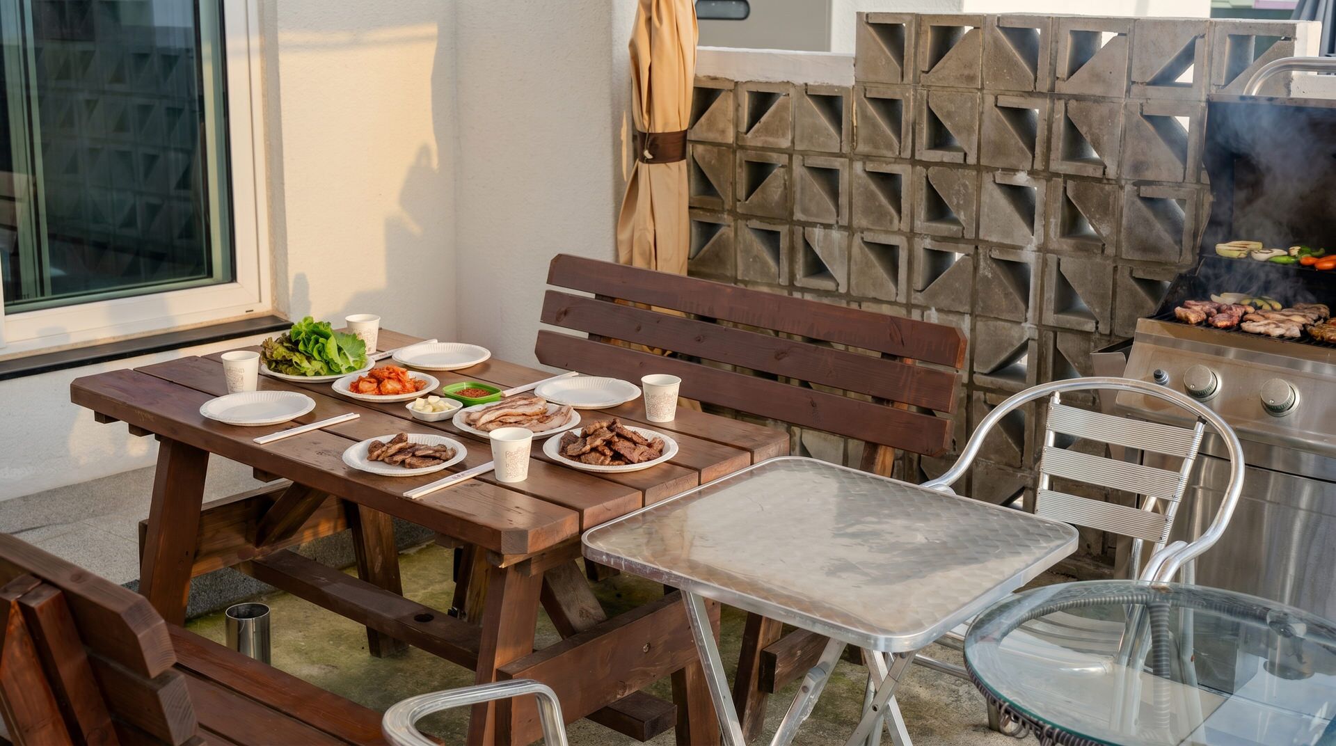 Una mesa de picnic de madera con platos de comida, un banco y una parrilla.