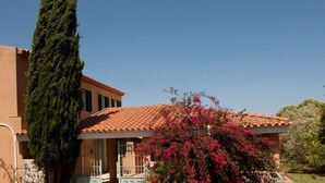 A house with a tiled roof, a gate with heart designs, and a large tree. - [Lauro]Apartment in the middle of the greenery (Orosei)