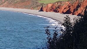 Un paisaje costero con playa, acantilados y vegetación.