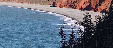 A coastal landscape with a beach, cliffs, and vegetation.