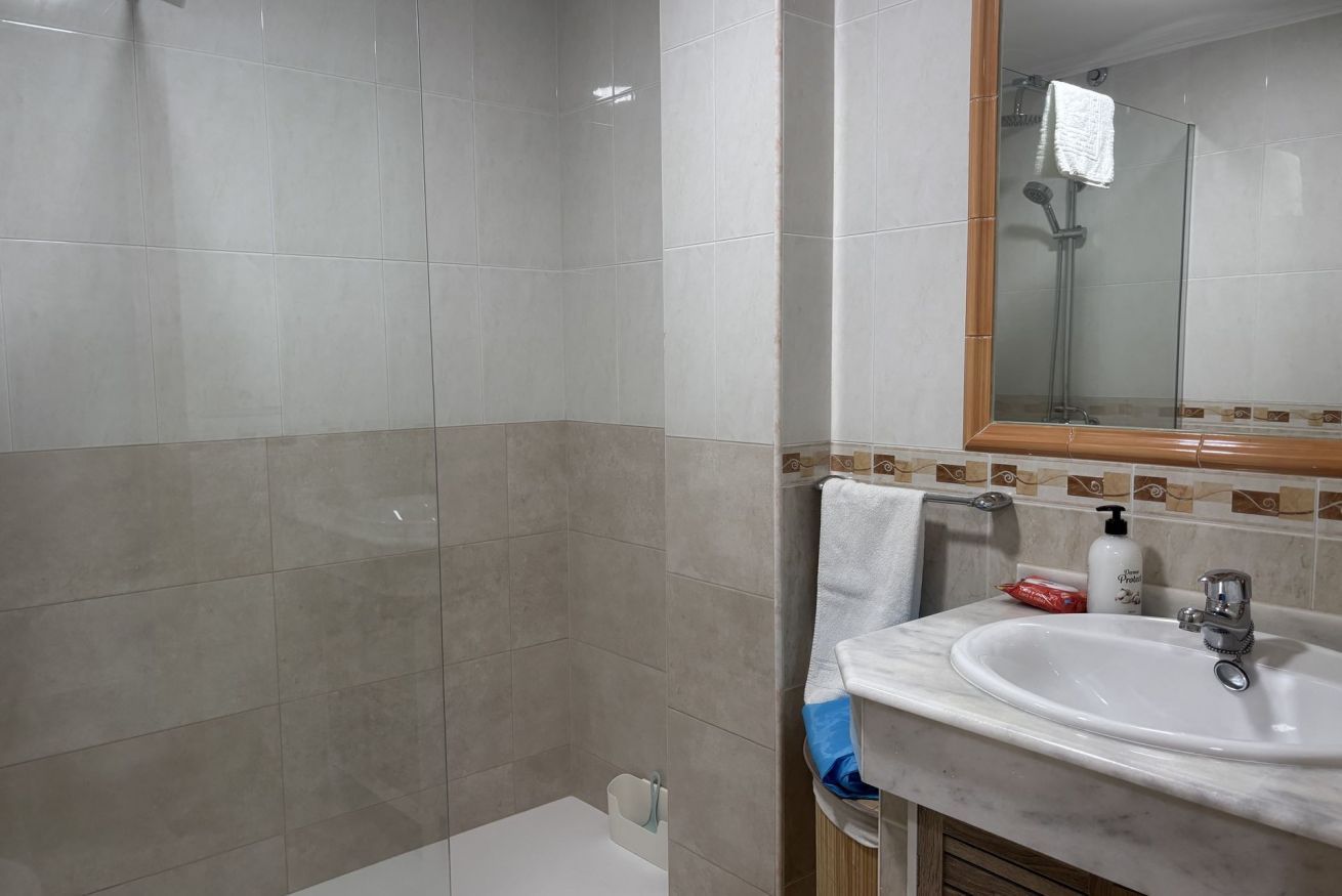 A bathroom with a shower, a sink, and a mirror.