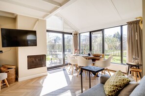 Fernseher, Kamin, Stereoanlage