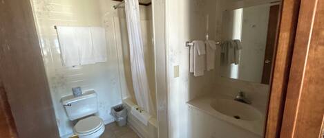 A bathroom with a toilet, shower, and sink.