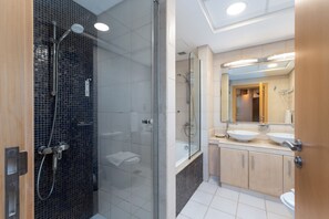 Shower, hair dryer, towels