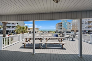 Outdoor dining - Escape to Rising Tide: 8-bedroom beach retreat with private pool, hot tub, and modern amenities! (North Myrtle Beach)