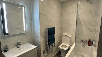 Hair dryer, towels, soap, toilet paper