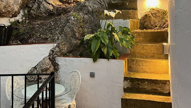 A stone staircase with a white railing, a white wall with a potted plant, and a decorative chair.