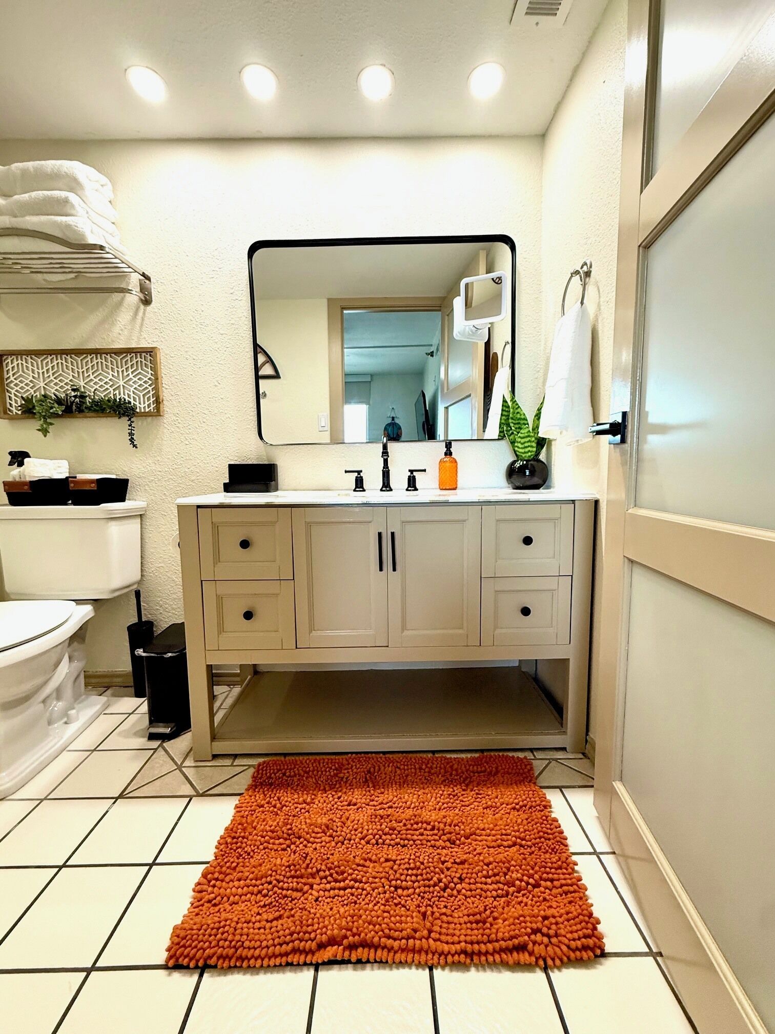 Ein Badezimmer mit einer weißen Toilette, einem Waschbecken mit Spiegel, einem Schrank und einem roten Teppich.