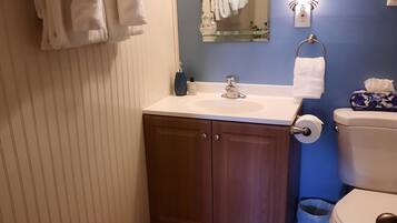 Hair dryer, towels, soap, toilet paper